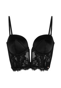 Zwart kanten bustier beha met beugelcups, verstelbare dunne bandjes en een diepe V-halslijn aan de voorkant.