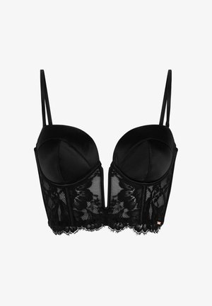 Soutien-gorge bustier en dentelle noire avec bonnets à armatures, fines bretelles réglables et décolleté en V plongeant au centre avant.