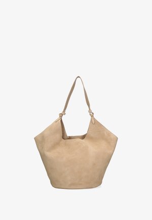 Beige suede tote bag with a slouchy design, a single shoulder strap, and subtle stitching details. Open top with a wide opening.