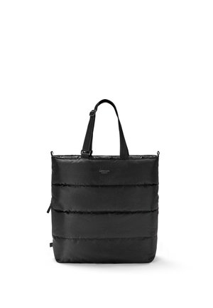 Musta pehmustettu olkalaukku, jossa vaakasuuntainen ompelukuosi, kahdet kahvat, joista toiset ovat säädettävät, ja hienovarainen logo keskitettynä yläosaan.