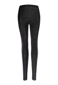 Black leggings featuring a leopard print pattern. Made from a form-fitting material with a smooth texture and an elastic waistband.