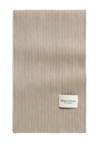 Beige knitted scarf featuring vertical ribbing texture and a rectangular shape. Includes a white label with the brand name "Marc O'Polo."