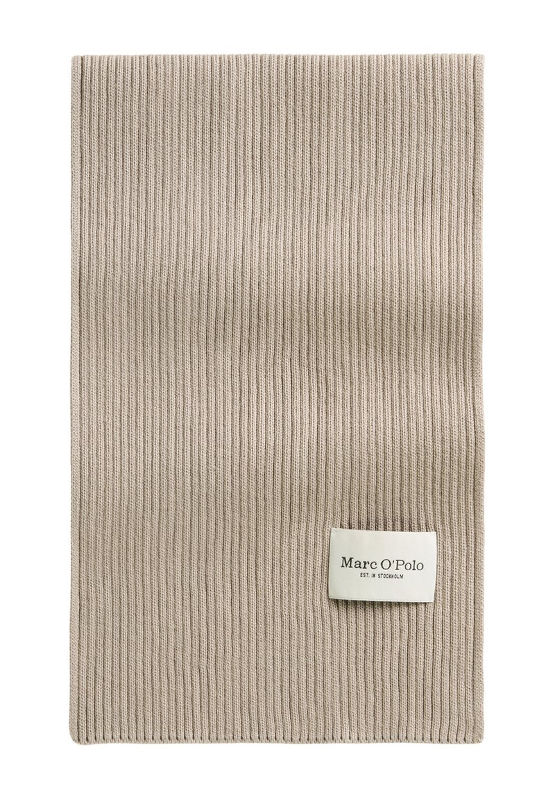 Beige knitted scarf featuring vertical ribbing texture and a rectangular shape. Includes a white label with the brand name "Marc O'Polo."