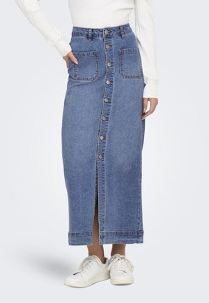 Denim midi skirt featuring a front button closure, two front pockets, and a slit at the bottom. The fabric is a mid-wash blue.
