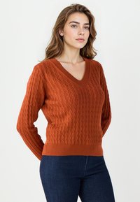 Pull en V, à manches longues, dans une riche teinte rouille, arborant un motif en tricot torsadé texturé et une finition côtelée ajustée.