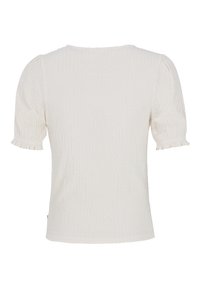 Haut blanc à manches courtes avec un tissu texturé, design ajusté et poignets froncés. La vue arrière montre un col rond et un ourlet lisse.