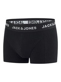 Schwarze Boxershorts aus weichem Stoff, mit einem breiten, elastischen Bund, auf dem "JACK & JONES" in Weiß gedruckt ist. Klassische, bequeme Passform.
