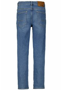 Jeans de denim de color azul claro con un diseño de pierna recta, que cuentan con dos bolsillos traseros y una etiqueta de cuero marrón en la cinturilla.