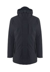 Giacca parka imbottita di un blu scuro con colletto alto, cappuccio regolabile, zip frontale e due tasche laterali. Tessuto liscio, design minimal.