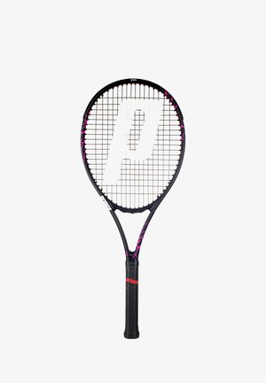 Tennis racket with a black frame, pink accents, and a glossy finish. Features a patterned grip and a white logo within the stringbed.