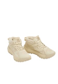 Cream-colored high-top sneakers made of synthetic material, featuring padded collar, textured midsole, and a patterned rubber outsole.