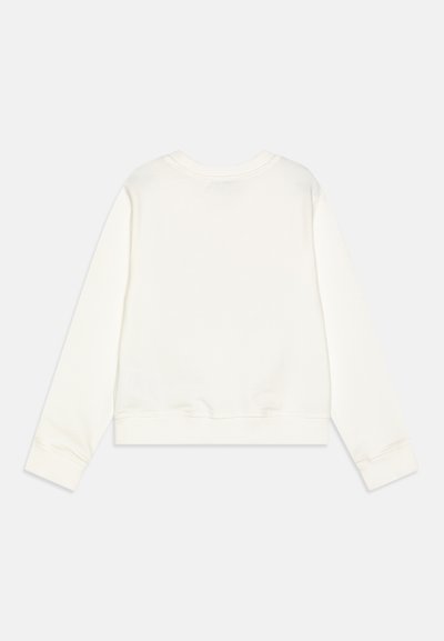 Sudadera blanca de cuello redondo con puños y dobladillo acanalados. Fabricación suave y texturada; diseño ligeramente recortado con una parte posterior limpia y sin costuras.
