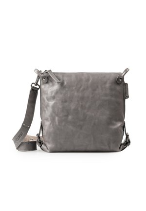 Borsa a tracolla in pelle grigia con superficie testurizzata, chiusura con zip, tracolla regolabile e linguette rotonde sulla chiusura.