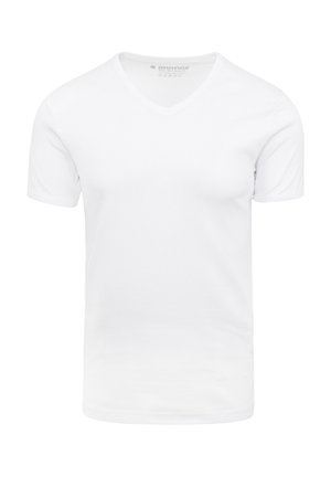 Witte katoenen T-shirt met een V-halsontwerp, korte mouwen en een gladde textuur. Geen patronen of accenten aanwezig. Eenvoudige en functionele stijl.