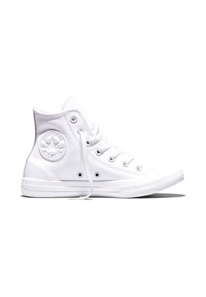 Højtop hvid læder sneaker med snørebånd, gummisål og et cirkulært logo-patch på siden, vist fra ydersiden.