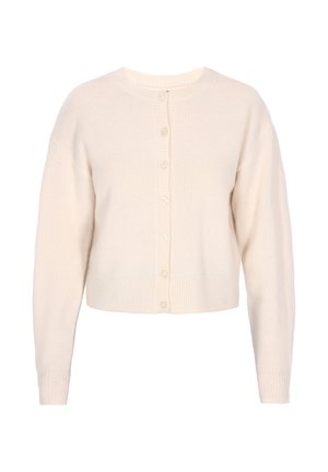 Valkoinen lyhyt neuletakki pyöreällä kaula-aukolla, nappisuljenta ja ribbaus hihansuissa sekä helmassa. Pehmeä rakenne, kevyttä neulemateriaalia.