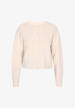 Cardigan scurt de culoare crem, cu guler rotund, închidere cu nasturi și manșete și tiv ribbed. Textură moale, material tricotat ușor.