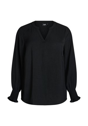 Čierna blúzka s dlhým rukávom, výstrihom do V a stiahnutými elastickými manžetami s volánikovým detailom.