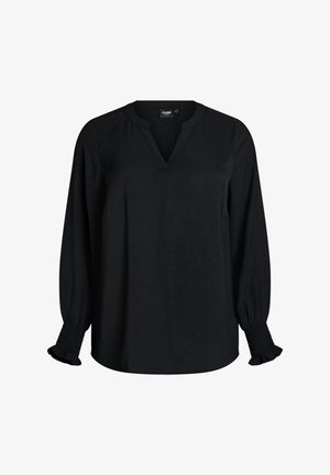 Černá halenka s dlouhým rukávem, výstřihem do V a nařasenými elastickými manžetami s ozdobnými volánky.