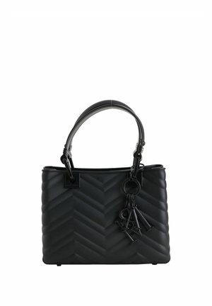 Borsa nera trapuntata con motivo a chevron, dotata di manico curvo e portachiavi decorativo. Texture liscia e forma rettangolare.