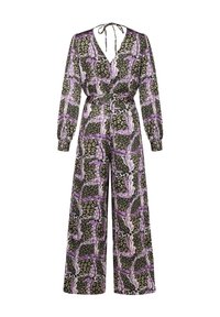 Langärmliger, weit geschnittener Jumpsuit mit schwarz-beigen und lila abstrakten Blumen- sowie Leopardenmustern, V-Ausschnitt mit Rückenknoten und passendem Stoffgürtel.
