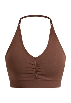 Brauner Bralette mit V-Ausschnitt, gerafftem Vorderteil, dünnen Trägern und einem elastischen Bund unten für besseren Halt. Glatte Textur.