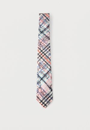 Γραβάτα με παστέλ ροζ, μπλε και πορτοκαλί καρό μοτίβο επικάλυψη με μαύρες μουσικές νότες και σύμβολα σε λευκό φόντο.