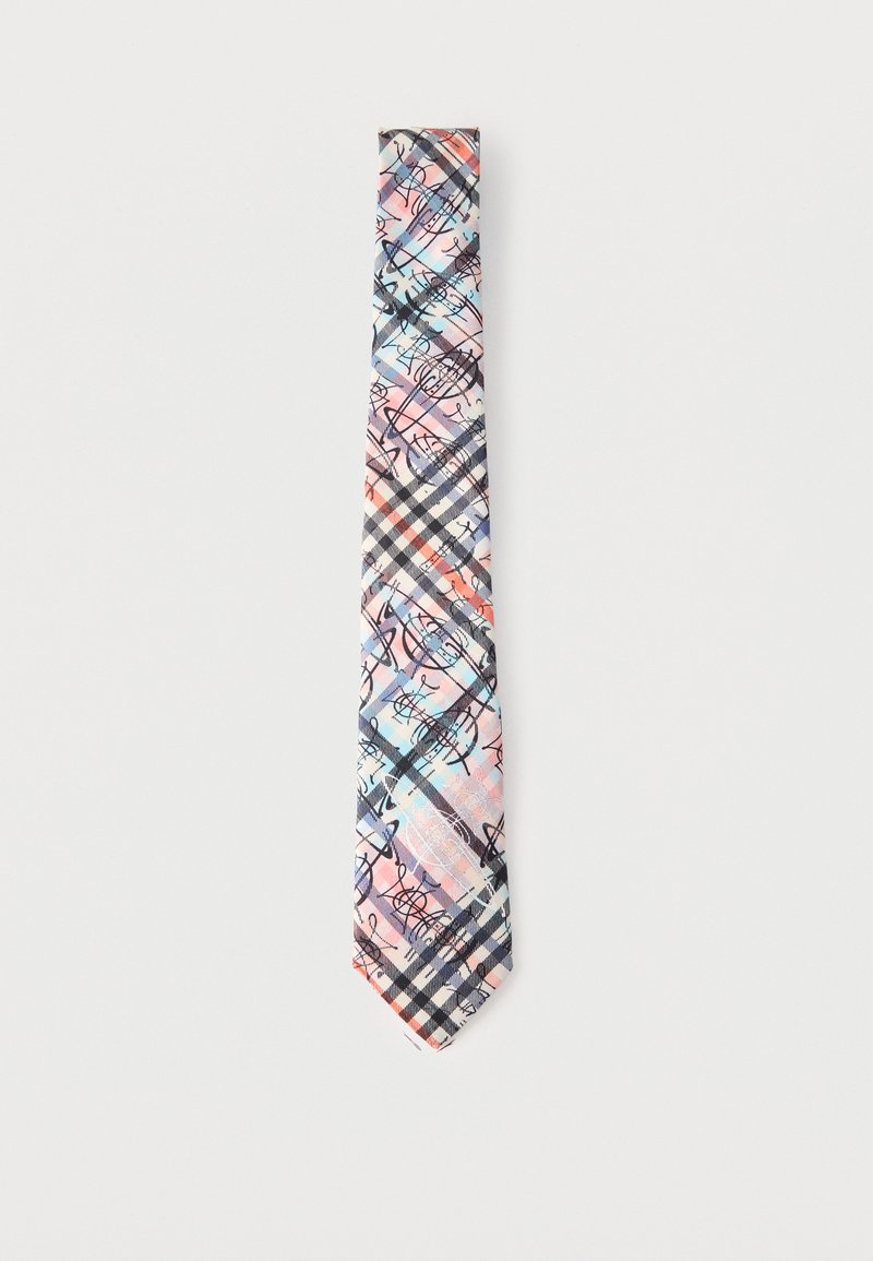 Γραβάτα με παστέλ ροζ, μπλε και πορτοκαλί καρό μοτίβο επικάλυψη με μαύρες μουσικές νότες και σύμβολα σε λευκό φόντο.