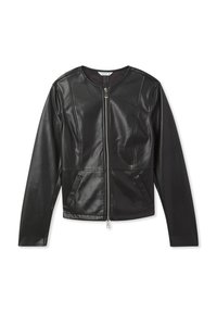 Giacca di pelle nera con maniche lunghe, scollo rotondo, chiusura frontale con zip, due tasche laterali e un sottile dettaglio di cucitura sulle spalle.
