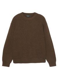 Barna kötött pulóver kerek nyakkivágással, hosszú ujjakkal, bordázott mintával és laza szabással. Nincs látható minta vagy díszítőelemek.