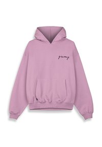 Sudadera rosa clara con un bolsillo frontal, capucha con cordón y texto en cursiva negro "gromy" en el lado izquierdo del pecho. Hecha de una suave tela texturizada.