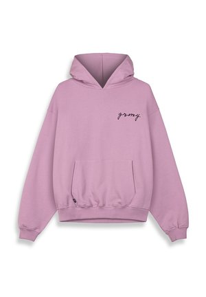 Light pink hoodie with a front pocket, drawstring hood, and black cursive text "gromy" on the left chest. Made of soft, textured fabric.