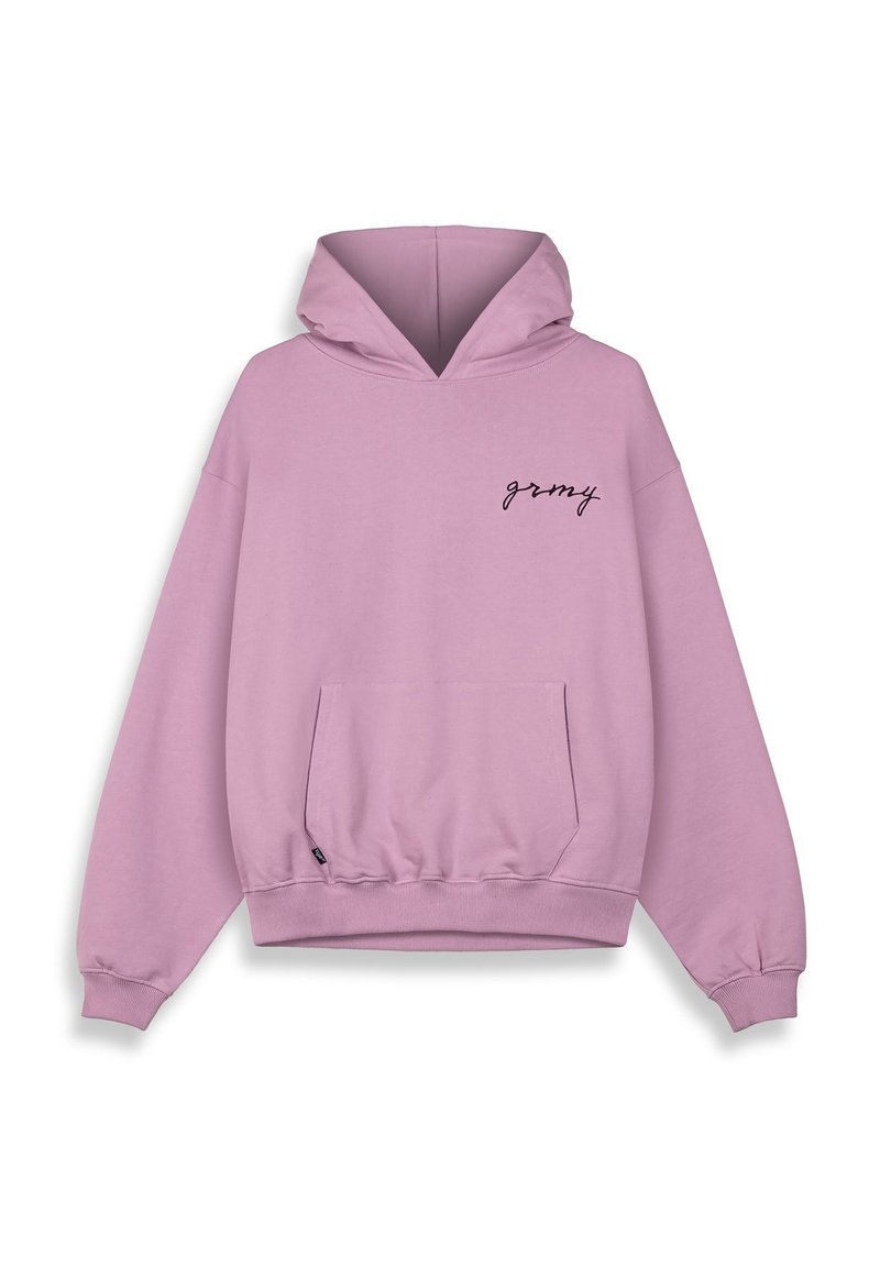 Sudadera rosa clara con un bolsillo frontal, capucha con cordón y texto en cursiva negro "gromy" en el lado izquierdo del pecho. Hecha de una suave tela texturizada.