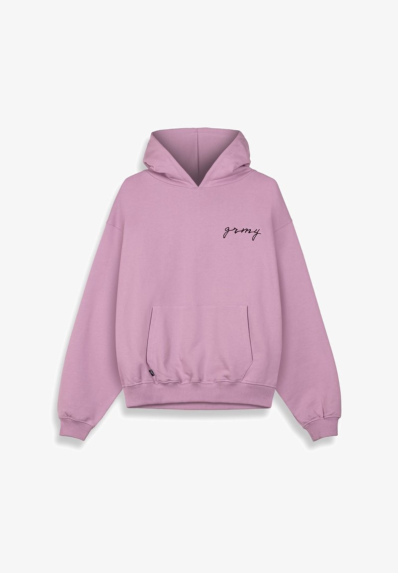 Sudadera rosa clara con un bolsillo frontal, capucha con cordón y texto en cursiva negro "gromy" en el lado izquierdo del pecho. Hecha de una suave tela texturizada.