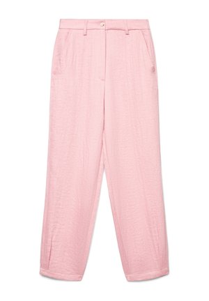 Hochtaillierte, locker sitzende rosa Hose mit Seitentaschen, vorderem Knopfverschluss und subtiler Struktur des Stoffes, entworfen für bequemen Tragekomfort.