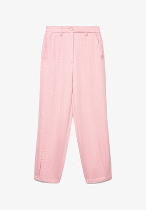 Hochtaillierte, locker sitzende rosa Hose mit Seitentaschen, vorderem Knopfverschluss und subtiler Struktur des Stoffes, entworfen für bequemen Tragekomfort.