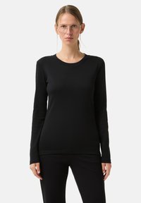 Černé tričko s dlouhým rukávem z měkk�ého materiálu s kulatým výstřihem a přiléhavým střihem. Nošené s černými kalhotami, minimalistický styl.