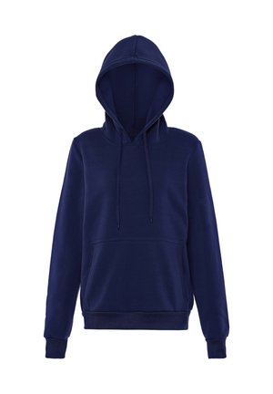 Marineblauwe hoodie met voorkantzak, capuchon met trekkoord, lange mouwen en geribde boorden en zoom.