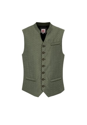 Olivgrüner Weste mit Diamantmuster, sechs braunen Knöpfen, zwei Fronttaschen und einem Stehkragen. Strukturierter Stoff.