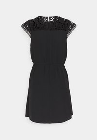 Schwarzes Kleid mit kurzen, angeschnittenen Ärmeln; Spitzenbesatz an den Schultern; taillierter Schnitt; glattes Material; knielang; Knopfverschluss hinten.