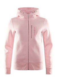 Sudadera rosa clara hecha de tela suave, con frente con cremallera, capucha con cordón y un bolsillo lateral con cremallera que presenta un detalle de logo.