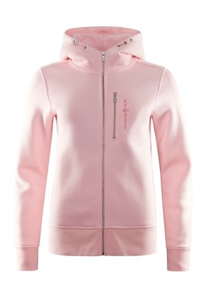 Jasnoróżowa bluza z kapturem wykonana z miękkiego materiału, z zamkiem błyskawicznym z przodu, regulowanym kapturem oraz boczną kieszenią na zamek z detalem logo.