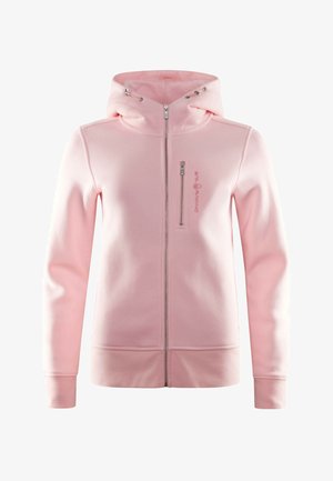 Jasnoróżowa bluza z kapturem wykonana z miękkiego materiału, z zamkiem błyskawicznym z przodu, regulowanym kapturem oraz boczną kieszenią na zamek z detalem logo.