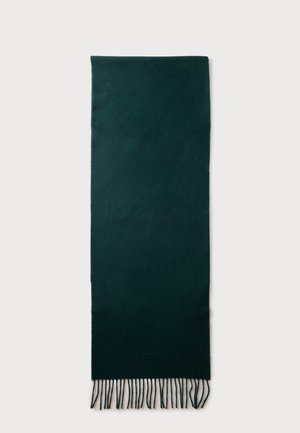 Écharpe rectangulaire vert foncé avec des franges aux extrémités, étalée à plat sur un fond clair.