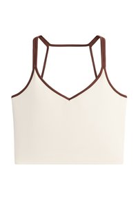 Crop top couleur crème avec fines bretelles doubles marron et bordure marron le long de l'encolure et des bords sur fond blanc.