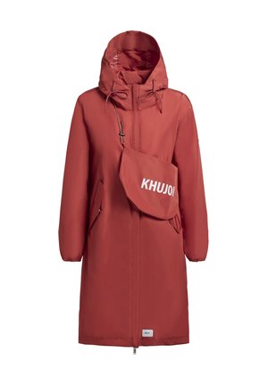 Rote wasserdichte Jacke mit Reißverschluss, verstellbarer Kapuze und elastischen Bündchen. Inklusive einer abnehmbaren Schultertasche mit Logo-Detail.