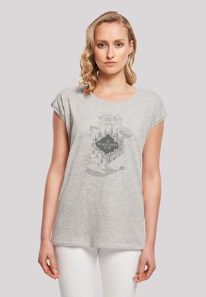 Grå bomulls t-skjorte med rullede ermer som har et svart grafisk design av et slott og teksten "The Marauder's Map" i midten.