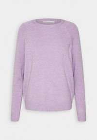 Pull à manches longues de couleur lilas clair avec col rond, poignets et ourlet côtelés, fabriqué en tissu tricoté doux.