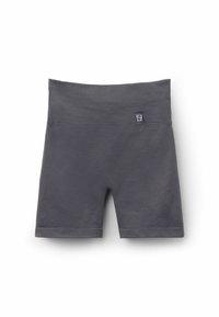 Mörkgrå shorts med elastisk midja, tillverkade av mjukt tyg, med en slät yta och en liten logotyp på midjebandet.