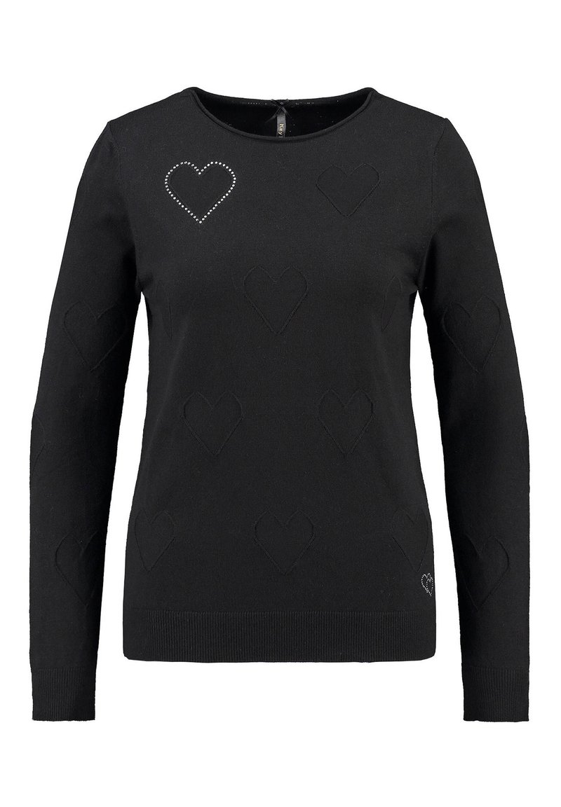 Svart långärmad tröja med upphöjda hjärtan och ett hjärta som är konturerat med små silverstift på övre vänstra sidan.